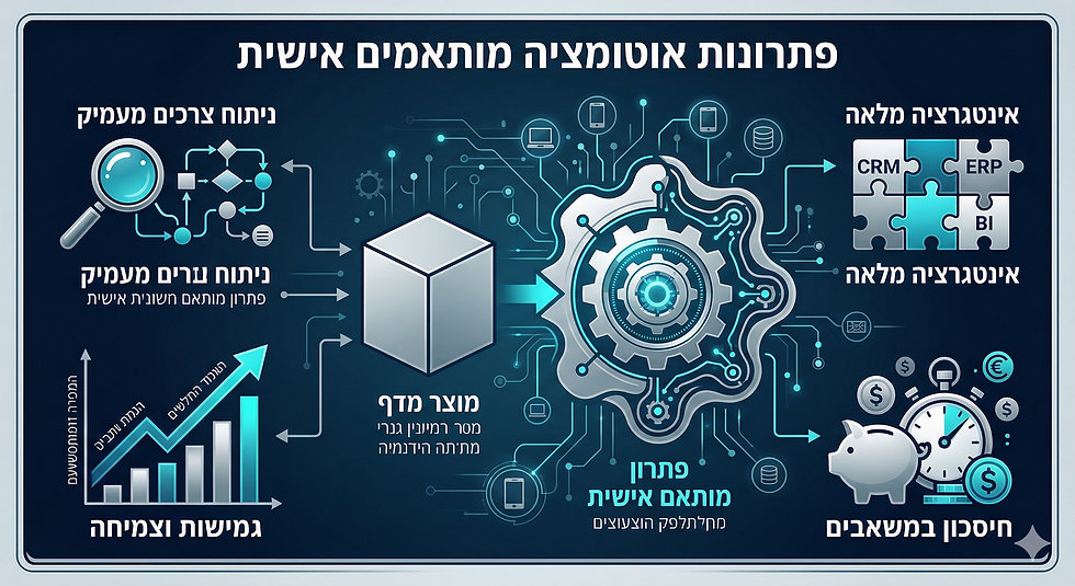 אינפוגרפיקה עסקית-טכנולוגית בעברית המסבירה את היתרונות של פתרונות אוטומציה מותאמים אישית. התמונה מציגה את התהליך החל מניתוח צרכים ספציפיים ועד להטמעת מערכת אינטגרטיבית שמתממשקת עם תשתיות קיימות (כמו ERP ו-CRM). העיצוב מדגיש את החיסכון במשאבים, הדיוק המקסימלי והיכולת להתרחב בעתיד. נקי, מודרני וללא מיתוג מסחרי.