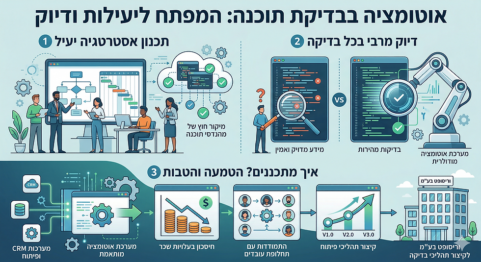 אינפוגרפיקה מקיפה בעברית עם הכותרת "אוטומציה בבדיקת תוכנה: המפתח ליעילות ודיוק". התמונה מחולקת לשלושה חלקים עיקריים: 1) תכנון אסטרטגי יעיל עם צוות מומחי וריסופט במיקור חוץ. 2) השוואה בין בדיקה ידנית (עם טעויות) לבדיקה אוטומטית מודולרית (מדויקת ואמינה). 3) שלבי תכנון, כולל הטמעה חלקה עם מערכות קיימות, חיסכון בעלויות, התמודדות עם תחלופת עובדים וקיצור זמני הפיתוח. איקונים ויזואליים של קוד, רובוטים וגרפים משלימים את המידע. בסיום, לוגו "וריסופט בע"מ".