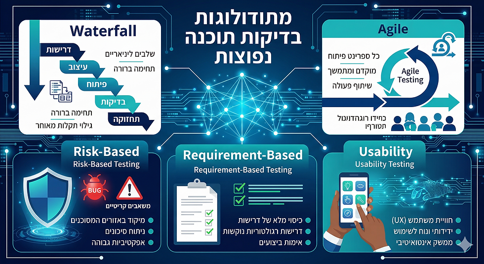 אינפוגרפיקה מקצועית בעברית המציגה חמש מתודולוגיות מרכזיות בבדיקות תוכנה: מפל המים (Waterfall), אג'ייל (Agile), בדיקות מונחות סיכונים, בדיקות מבוססות דרישות ובדיקות שימושיות. התמונה ממחישה באופן ויזואלי את ההבדלים בין הגישות הליניאריות לגישות המחזוריות והממוקדות, בעיצוב נקי וטכנולוגי ללא מיתוג מסחרי.