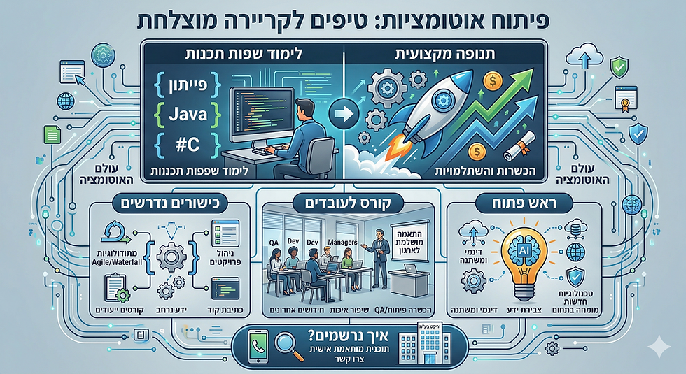 אינפוגרפיקה מעוררת השראה בעברית המציעה טיפים לקריירה מוצלחת בפיתוח אוטומציה. התמונה מדגישה את חשיבות לימוד שפות התכנות פייתון, Java ו-#C, את היתרון שבקורסי השתלמות מקצועיים בתוך הארגון, ואת הצורך בלמידה מתמדת של טכנולוגיות חדשות. העיצוב משלב אלמנטים של קוד ותנופה מקצועית, ללא סימני זיהוי מסחריים.