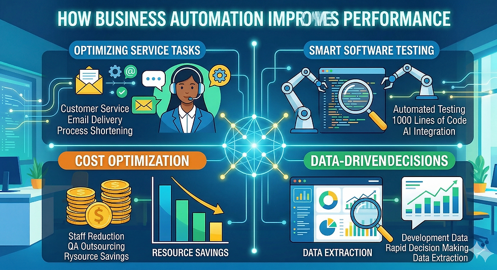 A business infographic in Hebrew that demonstrates how automation improves performance. The image shows four aspects: automation of administrative tasks (emails and customer service), rapid software testing incorporating AI, optimization of testing costs, and use of dashboards for real-time data analysis. The design is professional and free of commercial branding.