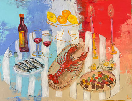 This vibrant piece showcases a lively and colorful composition with abstract forms and dynamic textures. The playful and engaging use of color and brushstrokes invites viewers to explore the depth and movement within the artwork, evoking a sense of joy and creativity.