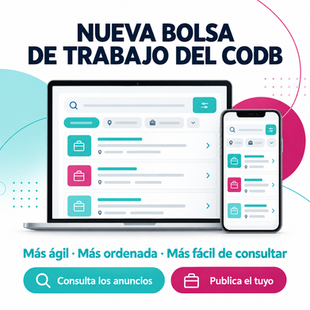 Nueva bolsa de trabajo del CODB en laptop y móvil, con botones Consulta los anuncios y Publica el tuyo.
