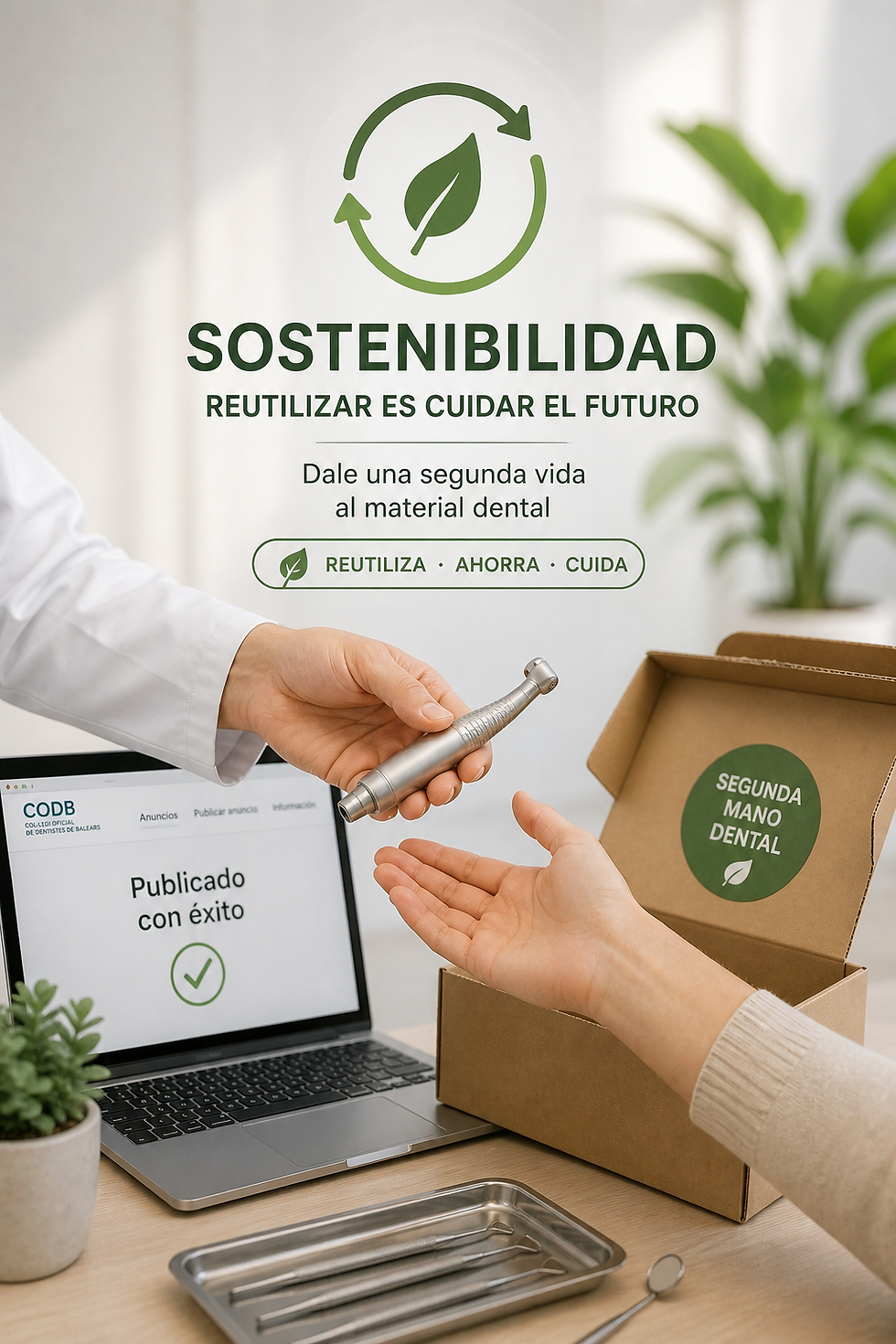 Manos intercambiando herramienta dental. Fondo con laptop muestra "Publicado con éxito". Caja con texto "Segunda mano dental". Ambiente verde.