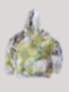 Flatlay of an ice-dyed hoodie in green colours from a front