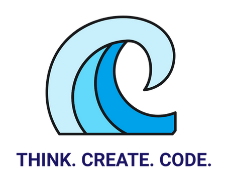 A graphical image of an ocean wave with the words think, create, code underneath.