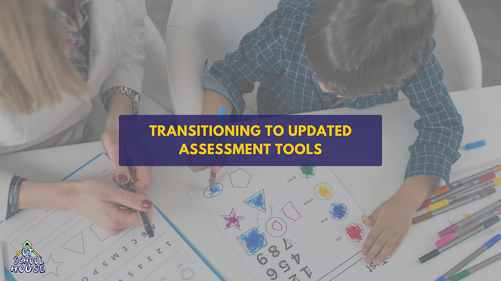 A student assessing a child one-on-one with the title of the blog post: transitioning to updated assessment