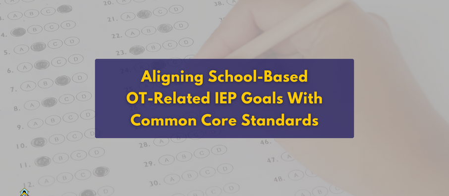 Hand filling in a multiple-choice test sheet. Text overlay reads "Aligning School-Based OT-Related IEP Goals With Common Core Standards" in yellow on blue.
