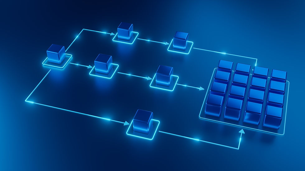 Blue 3D flowchart with glowing cubes connected by arrows on a dark background, illustrating a network or data process.