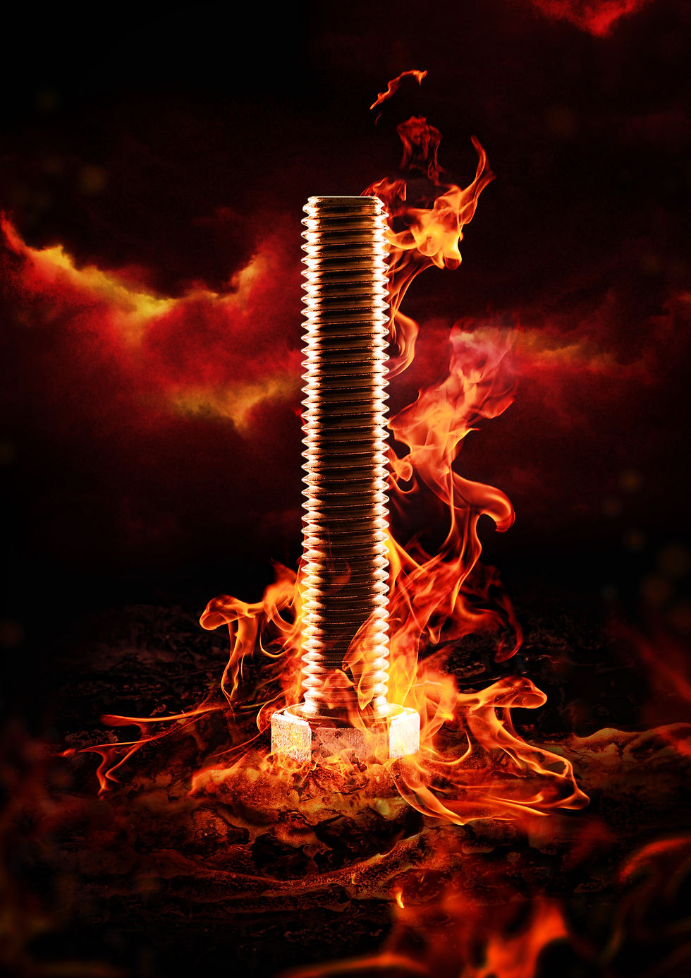 A BUMAX bolt surrounded by fierce orange and red flames, set against a dark, smoky background, creating an intense, fiery mood.