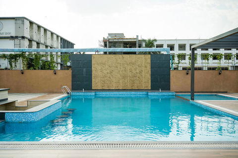 Haldi ceremony setup near pool