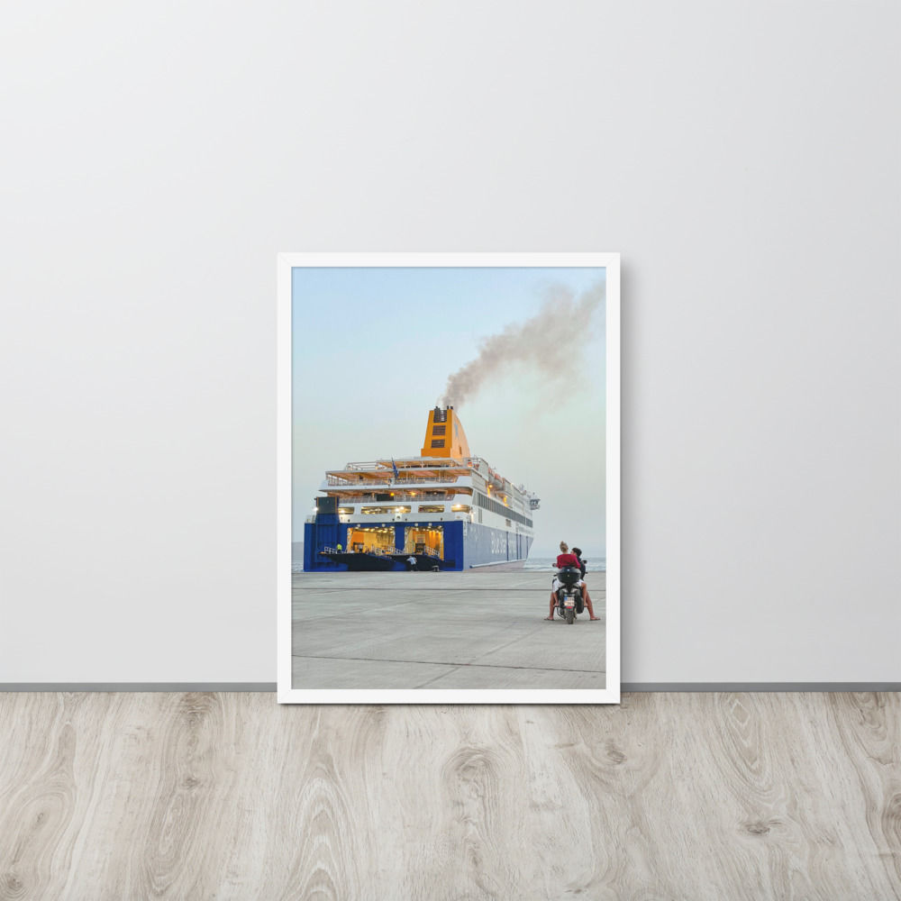 Framed Photo of a Ferry docked awaiting new Passengers to embark on a journey - White Frame