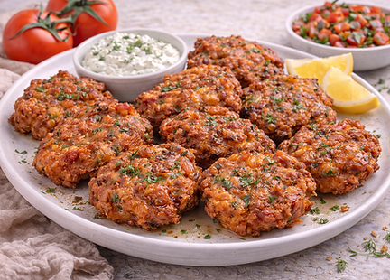 Domatokeftedes: Crispy fried Santorini tomato fritters with fresh herbs.