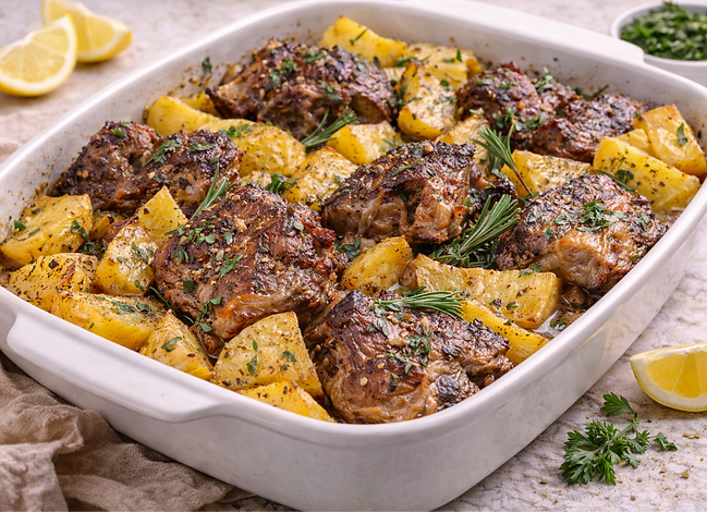 Roasted Lamb with Potatoes: Roasted lamb with potatoes seasoned with garlic, lemon, and mountain oregano.