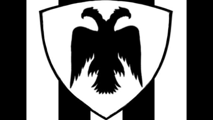 White and black striped flag with a black double-headed eagle, the colors and emblem of PAOK