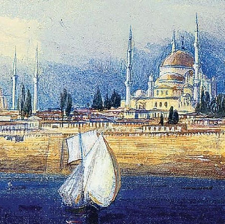 Painting of the Constantinople skyline with domes and minarets and a sailing boat, The Uses of Oppression talk at the Hellenic Centre London