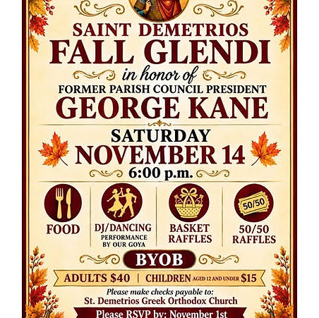 Flyer for the Saint Demetrios Fall Glendi in honor of George Kane, Saturday November 14, 6 PM