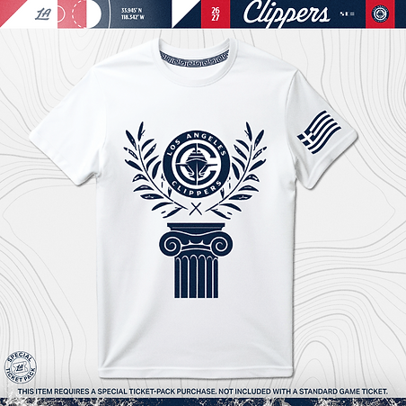 LA Clippers Greek Heritage Night t-shirt graphic with olive branches, an Ionic column and a Greek flag on the sleeve