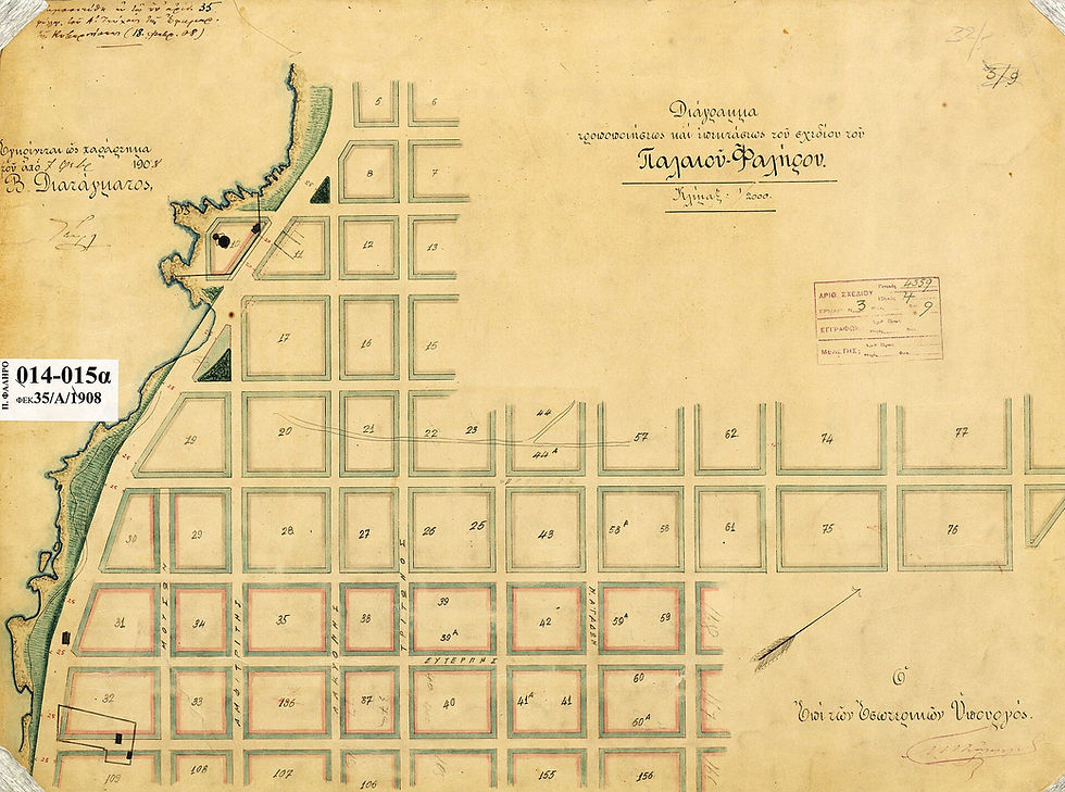 Hand-drawn 1908 urban plan of Palaio Faliro, Athens, showing numbered city blocks along the coastline