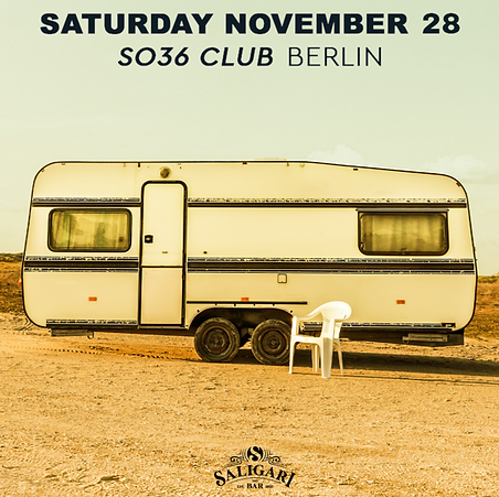 Bloody Hawk poster for Saturday November 28 at SO36 Club Berlin, showing a white caravan and a plastic chair in a desert landscape
