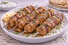 Souvlaki: Grilled meat skewers seasoned with lemon and oregano.