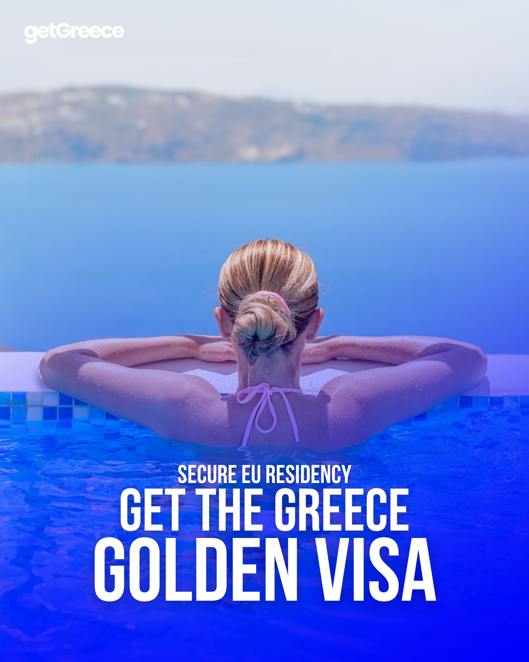 Golden Visa graphic with text over a scenic view of Greece.