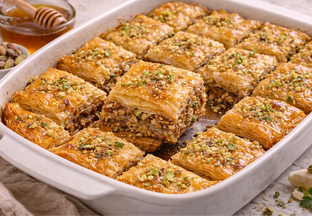 Baklava: Layers of crisp phyllo pastry with spiced walnuts and honey syrup.