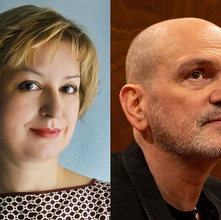 Portraits of narrator Vasiliki Nevrokopli and composer Kyriakos Kalaitzidis, Στο Χριστό στο κάστρο at Megaron Athens