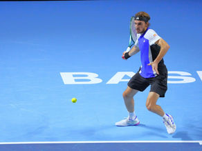 Stefanos Tsitsipas hitting a forehand at the Swiss Indoors Basel 2024
