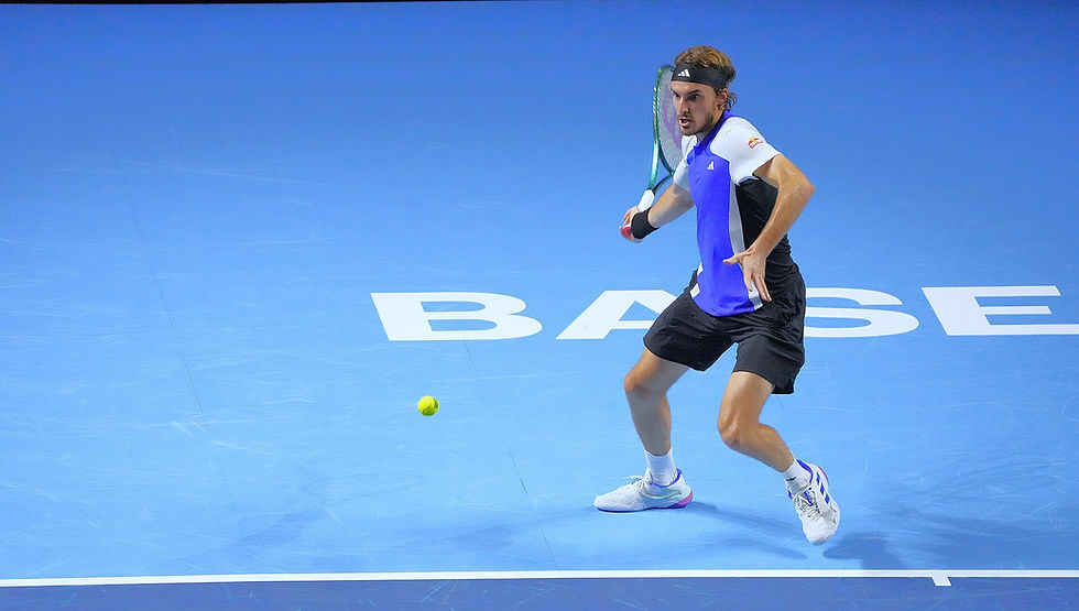 Stefanos Tsitsipas hitting a forehand at the Swiss Indoors Basel 2024