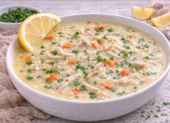 Kotosoupa Avgolemono: Chicken soup with silky egg-lemon emulsion.