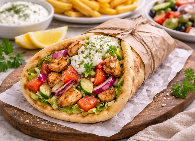 Chicken Gyro Wrap: Chicken gyro wrap stuffed with pita, tzatziki, tomatoes, and red onions.