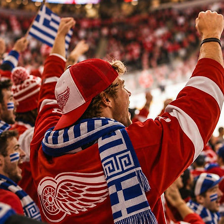 Detroit Red Wings fan waving a Greek flag scarf at Little Caesars Arena, Greek Heritage Night