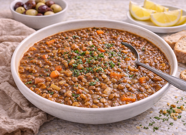 Fakes: Hearty Greek lentil soup finished with vinegar and olive oil.