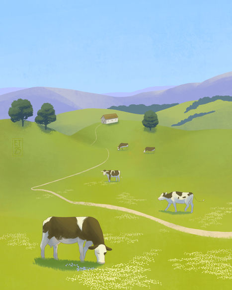 a digital painting of cows with bright colors, fun shapes, and wonky perspective