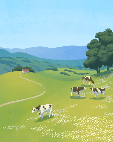 a digital painting of cows with bright colors, fun shapes, and wonky perspective