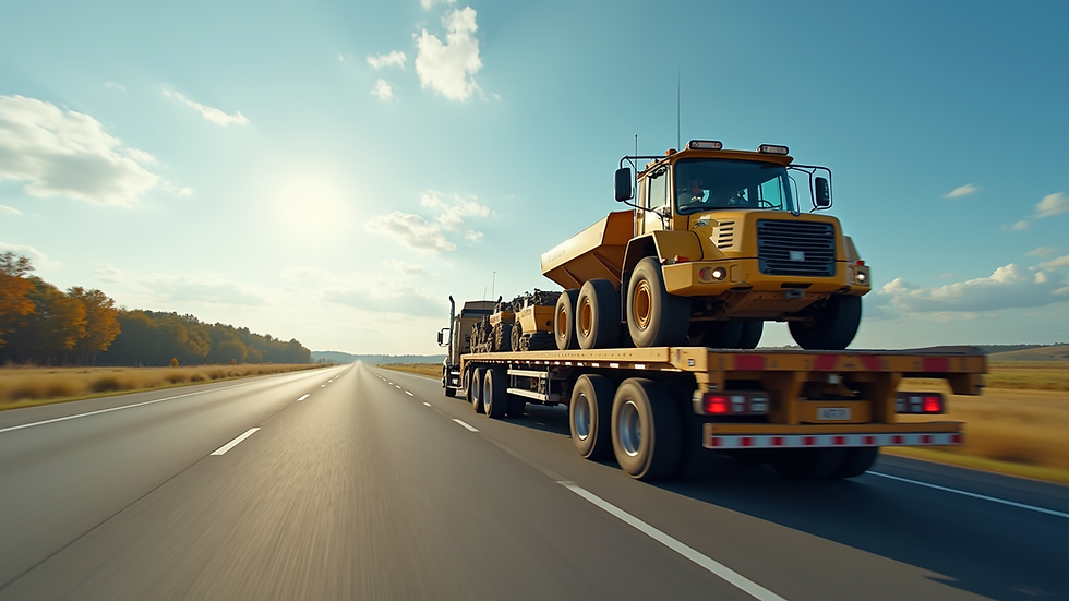 Eye-level view of a flatbed truck loaded with heavy machinery on a highway