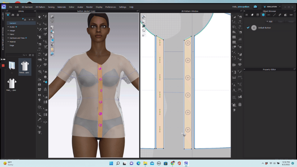 adding buttons to a garment in the CLO 3D fashion design software