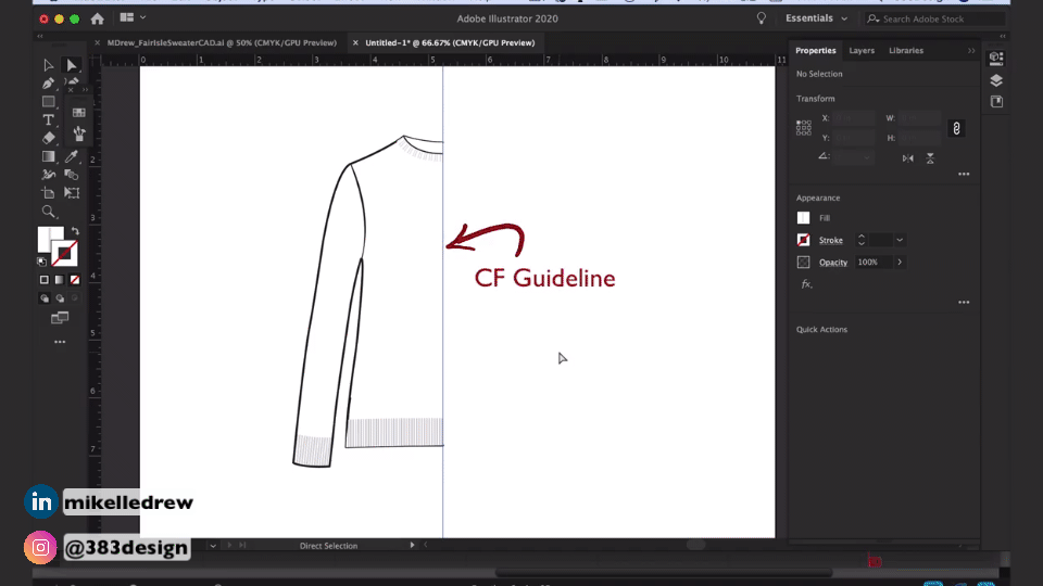 Video clip of using the Reflect tool in Adobe Illustrator for fashion design.