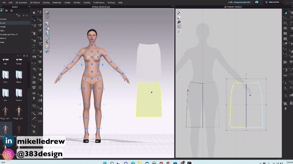 Using the arrangement points in Clo3d to dress the avatar.