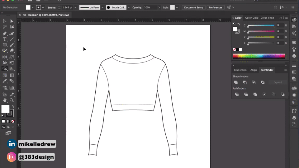 Video clip using the Shapebuilder tool in Adobe Illustrator for fashion design to create closed shapes.