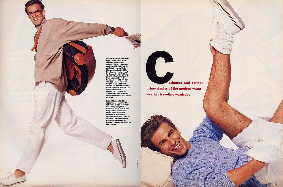 A 1987 advertisement in GQ magazine showcasing Jeffrey Banks’ white trousers.