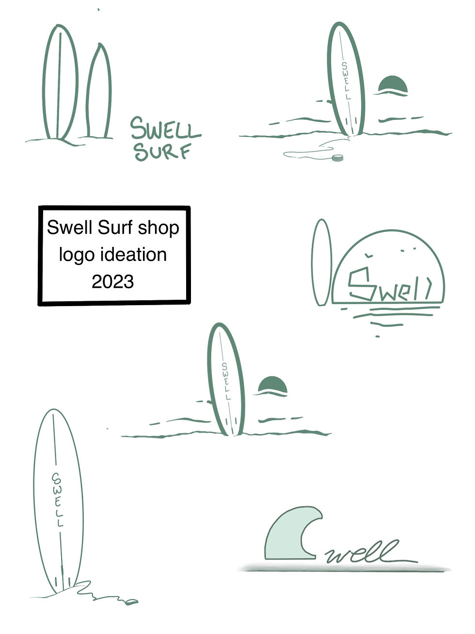 Swell surf shop logo ideation sketches and drafts