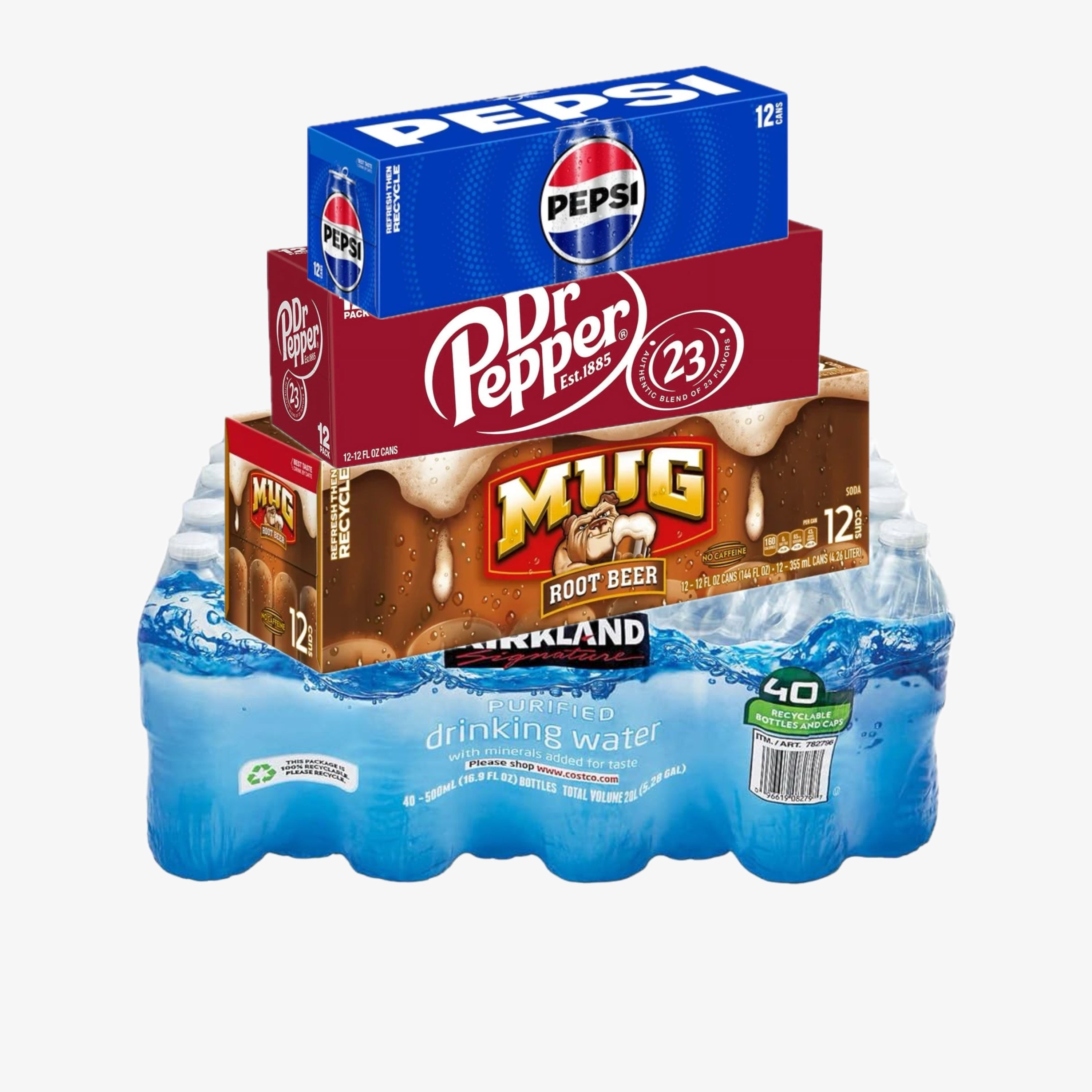 Kirland Water , Mug Root Beer , Dr Pepper , Pepsi
