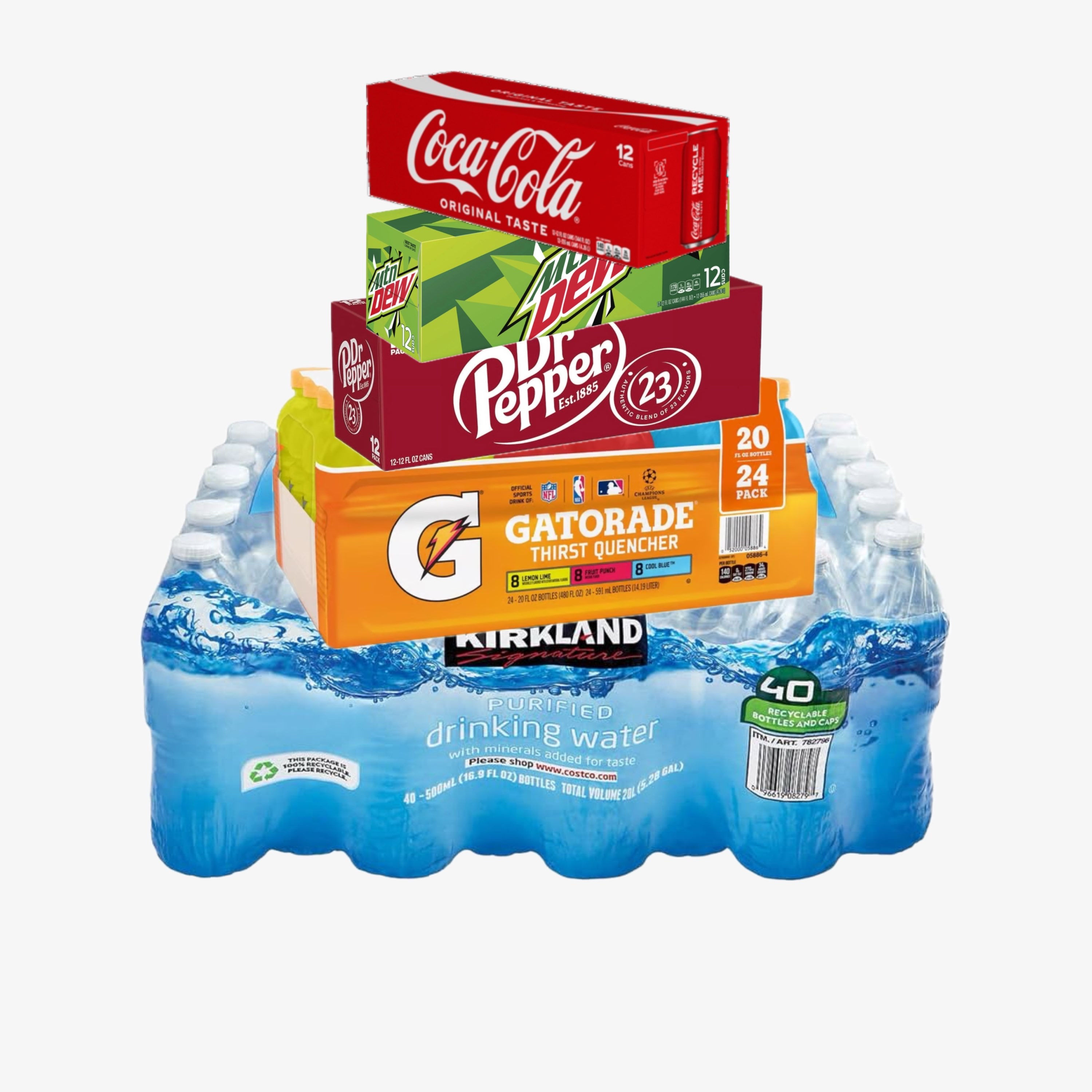 Kirkland Water , Gatorade , Dr Pepper , MTN Dew , Cocoa Cola 