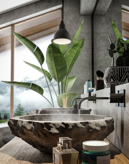 3D visualisation of a sink made of stone in a chalet in France