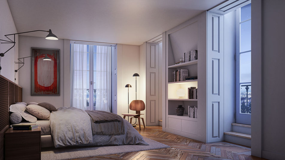 Interior render of a cozy and big bedroom