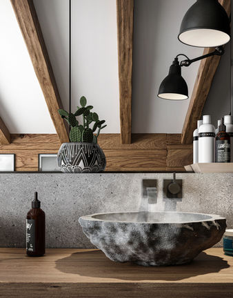 Interior visualisation of a stone sink in a chalet in France