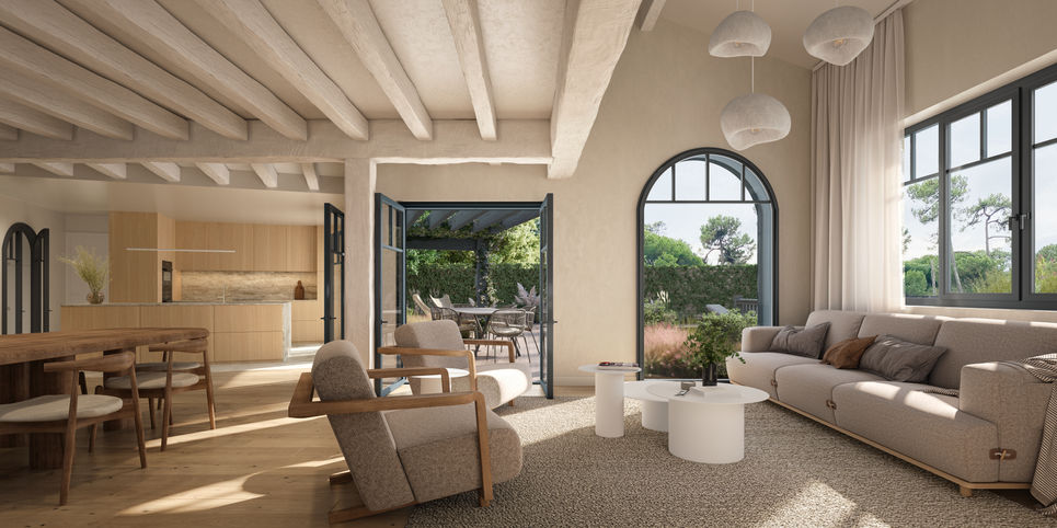 Interior render of light and peaceful living room in a modern house