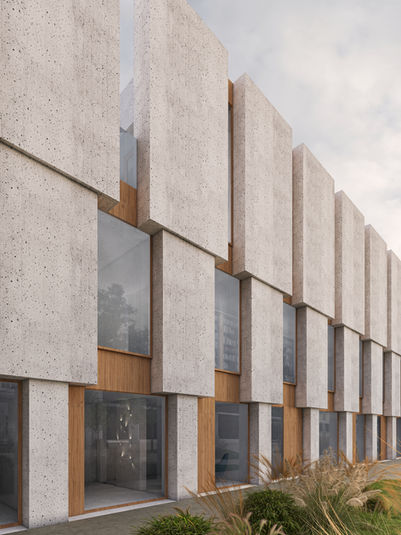  architectural design, high school extension, concrete, harmonic composition, covered path, entrance, center place, framing view